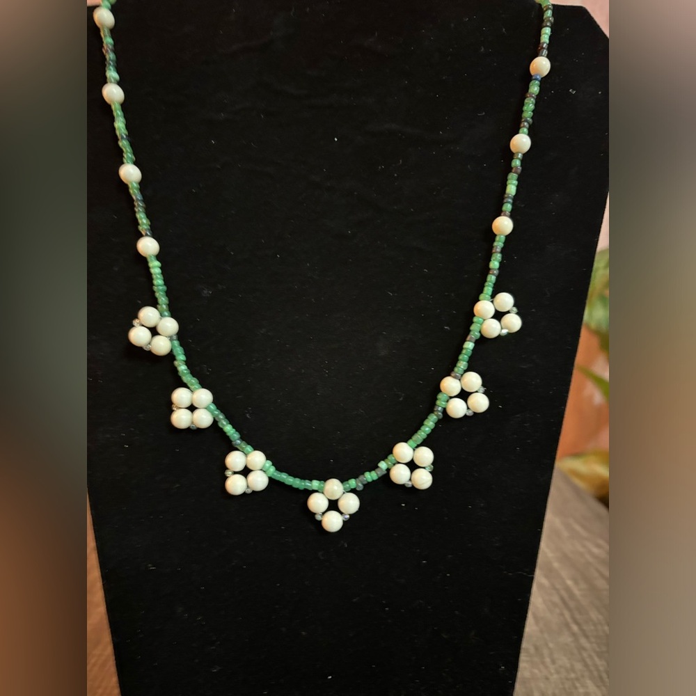 Handmade Beaded Necklace ivory jasper and green earth tone seed beads 22 inches